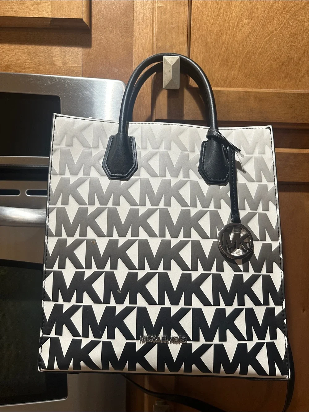 Michael Kors Black & White MK Logo Tote with Charm